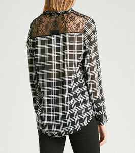 Kooples Shirt Womens Medium Black Button Up Plaid Damier Lace Neckline Crepe