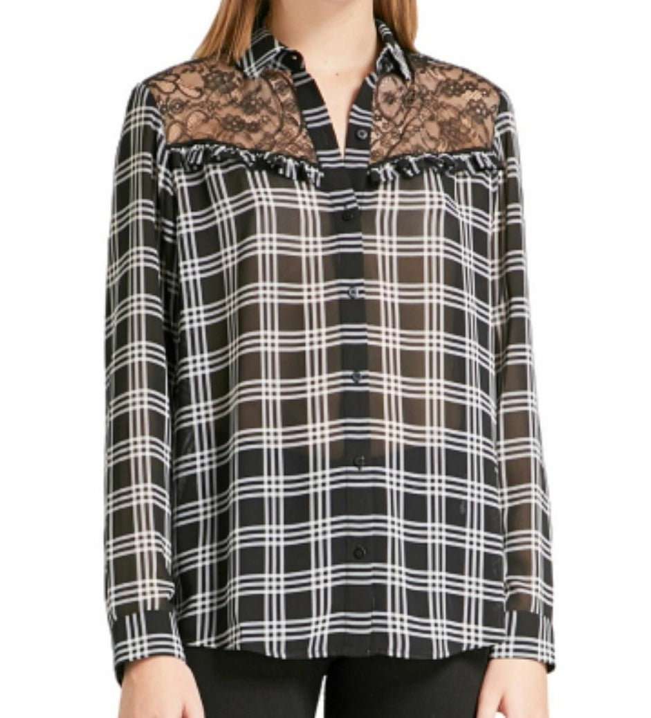 Kooples Shirt Womens Medium Black Button Up Plaid Damier Lace Neckline Crepe