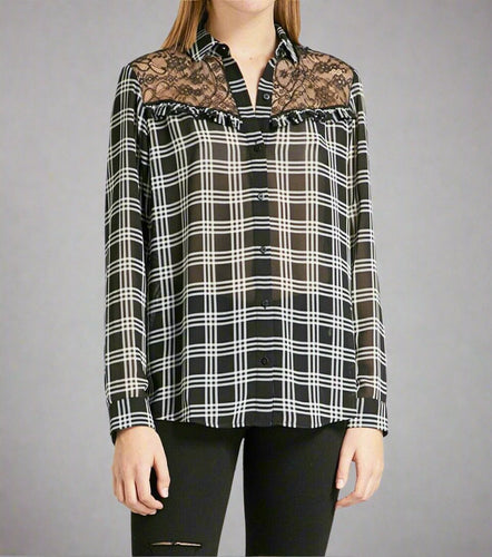 Kooples Shirt Womens Medium Black Button Up Plaid Damier Lace Neckline Crepe