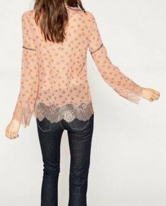 Kooples Shirt Womens Pink Bell Sleeve Round Neck Floral Beaded Lace Boho Top