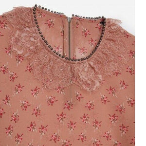 Kooples Shirt Womens Pink Bell Sleeve Round Neck Floral Beaded Lace Boho Top
