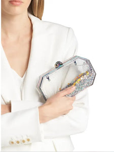 Kurt Geiger Clutch Womens Clear Glitter Shoulder Bag Acrylic Chain Strap Small