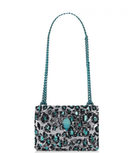 Load image into Gallery viewer, The Small Shoreditch Cross Body from Kurt Geiger London is crafted with leopard print made from sequins. The front flap is topped with teal Eagle head with all over feather detail and green crystal eyes