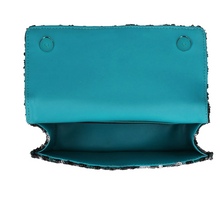 Load image into Gallery viewer, The Small Shoreditch Cross Body from Kurt Geiger London is crafted with leopard print made from sequins. The front flap is topped with teal Eagle head with all over feather detail and green crystal eyes