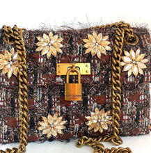 Load image into Gallery viewer, Kurt Geiger Crossbody Womens Small Brown Mini Brixton Lock Crystal Flower Tweed