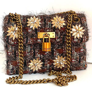 Kurt Geiger Crossbody Womens Small Brown Mini Brixton Lock Crystal Flower Tweed