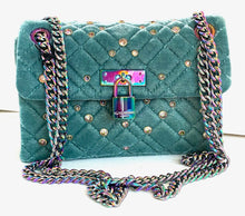 Load image into Gallery viewer, Kurt Geiger Mini Brixton Crossbody Womens Blue Velvet Lock Quilted Beaded Teal