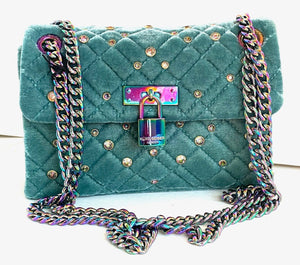 Kurt Geiger Mini Brixton Crossbody Womens Blue Velvet Lock Quilted Beaded Teal