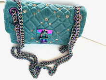 Load image into Gallery viewer, Kurt Geiger Mini Brixton Crossbody Blue Velvet Lock Quilted Beaded Shoulder Bag
