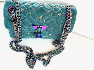 Kurt Geiger Mini Brixton Velvet Shoulder Bag Blue Quilted Lock Beaded Crossbody