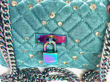 Load image into Gallery viewer, Kurt Geiger Mini Brixton Crossbody Womens Blue Velvet Lock Quilted Beaded Teal