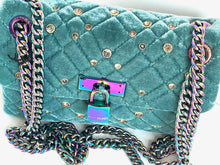 Load image into Gallery viewer, Kurt Geiger Mini Brixton Crossbody Blue Velvet Lock Quilted Beaded Shoulder Bag