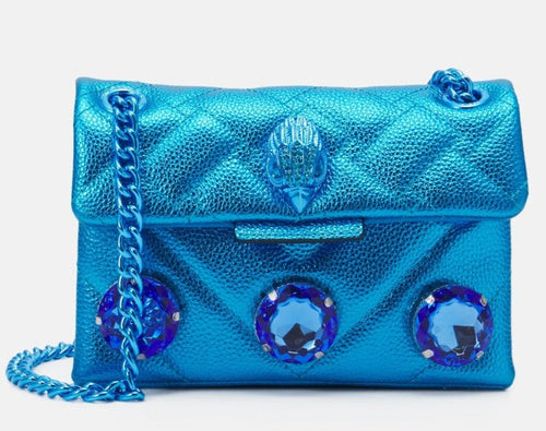 Kurt Geiger Mini Kensington Crossbody Womens Blue Crystal Leather Drench Quilted Bag