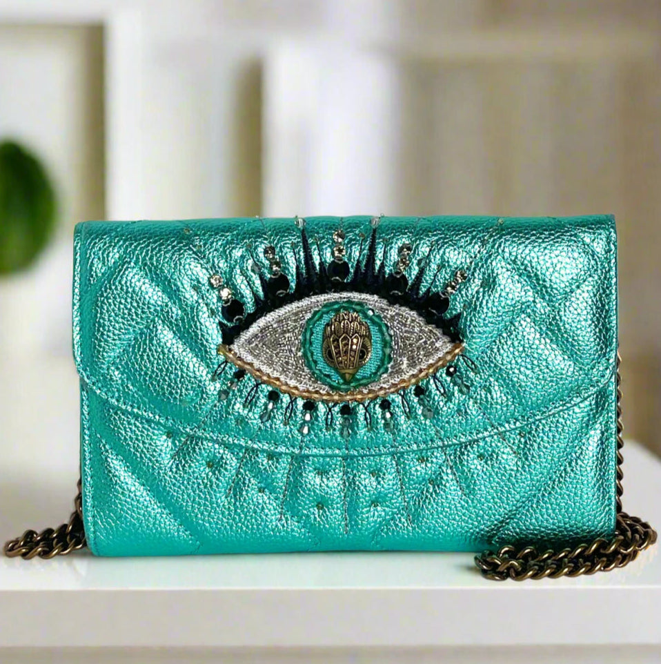 Kurt Geiger Kensington Clutch Crossbody Blue Eye Quilted Leather Wallet Chain