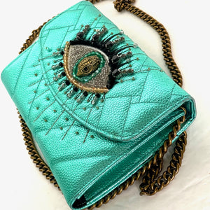 Kurt Geiger Kensington Clutch Crossbody Blue Eye Quilted Leather Wallet Chain