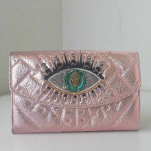 Load image into Gallery viewer, Pink wallet with eye design and embellishments on a white background