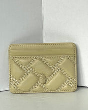 Load image into Gallery viewer, A light beige leather card holder with a quilted diamond pattern and matching stitching, standing against a white background.