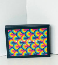 Load image into Gallery viewer, A Kurt Geiger London product box with a colorful retro rainbow pattern and black border, photographed against a plain white wall.