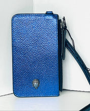 Load image into Gallery viewer, A blue pebbled leather zip-around wallet with a wristlet strap and a small metallic lion emblem on the front, shown against a white background.