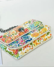 Load image into Gallery viewer, Floral patterned handbag with a chain strap on a white background