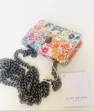 Load image into Gallery viewer, Floral patterned handbag with chain detail on a white background, featuring Kurt Geiger London branding.