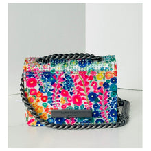 Load image into Gallery viewer, Multicolored floral handbag with black chain strap on a white background