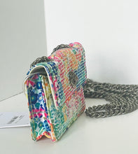 Load image into Gallery viewer, Multicolored patterned handbag with a chain strap on a white surface.
