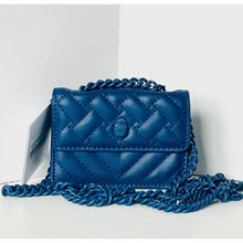 Load image into Gallery viewer, Blue quilted handbag with chain strap on a white background