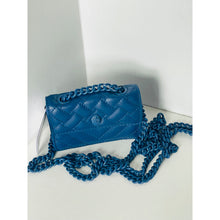 Load image into Gallery viewer, Blue quilted handbag with chain strap on a white surface