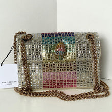 Load image into Gallery viewer, Multicolored beaded handbag with a chain strap on a white background, featuring a Kurt Geiger London tag.