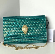 Load image into Gallery viewer, Teal handbag with gold chain and clasp on a white background