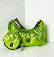 Load image into Gallery viewer, Metallic green handbag with matching round pouch on a white background