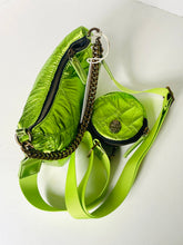 Load image into Gallery viewer, Green metallic bag with a chain detail on a white background