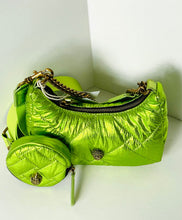 Load image into Gallery viewer, Green metallic handbag with a smaller round bag on a white background