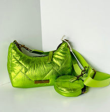Load image into Gallery viewer, Metallic green handbag with matching pouch on a light gray background
