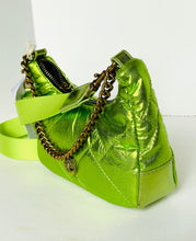 Load image into Gallery viewer, Metallic green handbag with gold chain strap on a white background