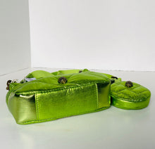 Load image into Gallery viewer, Green metallic handbag with a matching pouch on a white background