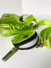 Load image into Gallery viewer, Green metallic handbag with a matching strap on a white background