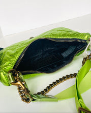 Load image into Gallery viewer, Green metallic handbag with chain strap on a white background