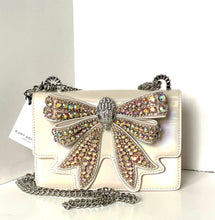 Load image into Gallery viewer, White handbag with a decorative bow and crystals on a white background