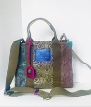 Load image into Gallery viewer, Multicolored fabric bag with geometric patterns on a white background
