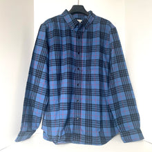 Load image into Gallery viewer, Blue plaid shirt on a hanger against a white background