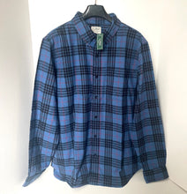 Load image into Gallery viewer, Blue plaid shirt on a hanger against a white background