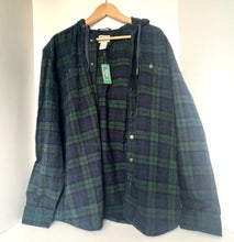 Load image into Gallery viewer, Green and blue plaid shirt on a hanger against a white background
