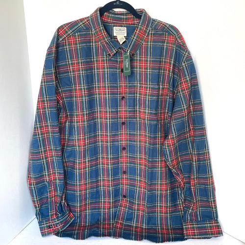 LL Bean Mens Scotch Plaid Flannel Shirt XXL Blue Tartan Cotton Button Down Cozy