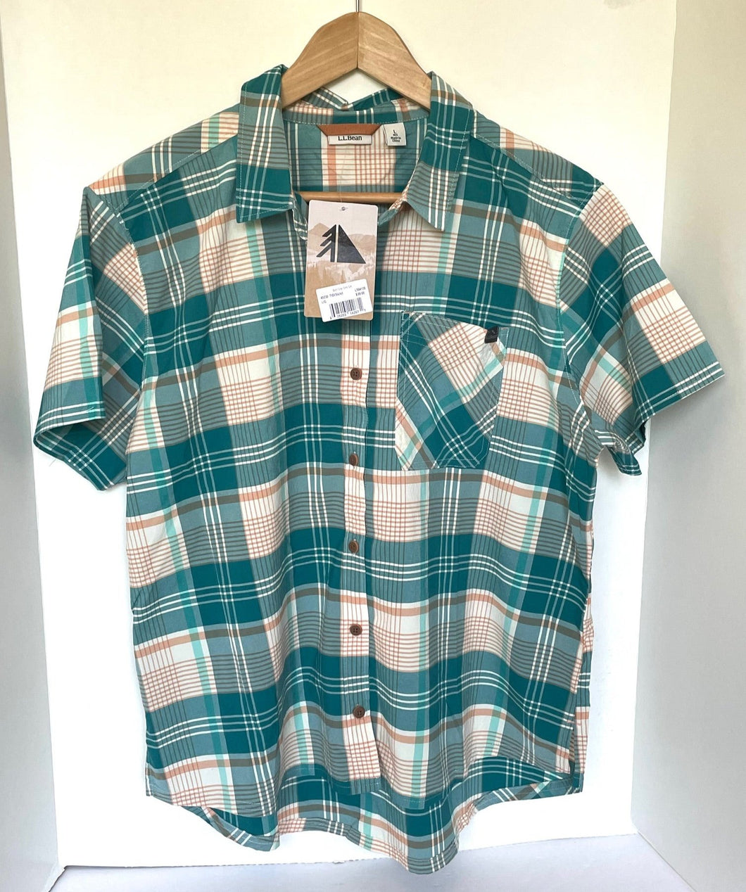 LL Bean Plaid Sport Shirt Womens Large Short Sleeve Plaid Lightweight Wicking