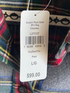 LL Bean Shirt Womens Large Scotch Plaid Flannel Gray Tartan Relaxed Cotton