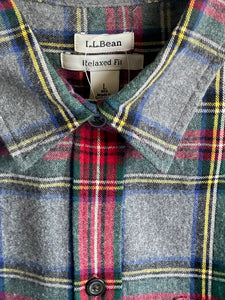 LL Bean Shirt Womens Large Scotch Plaid Flannel Gray Tartan Relaxed Cotton