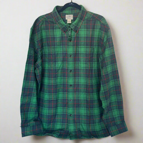 LL Bean men's Scotch Plaid flannel shirt in green with button-down collar and long sleeves with button cuffs, displayed on a hanger.