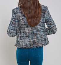 Load image into Gallery viewer, L&#39;Agence Brooke Blazer Fringe Womens 14 Blue Tweed Tailored Double Breasted